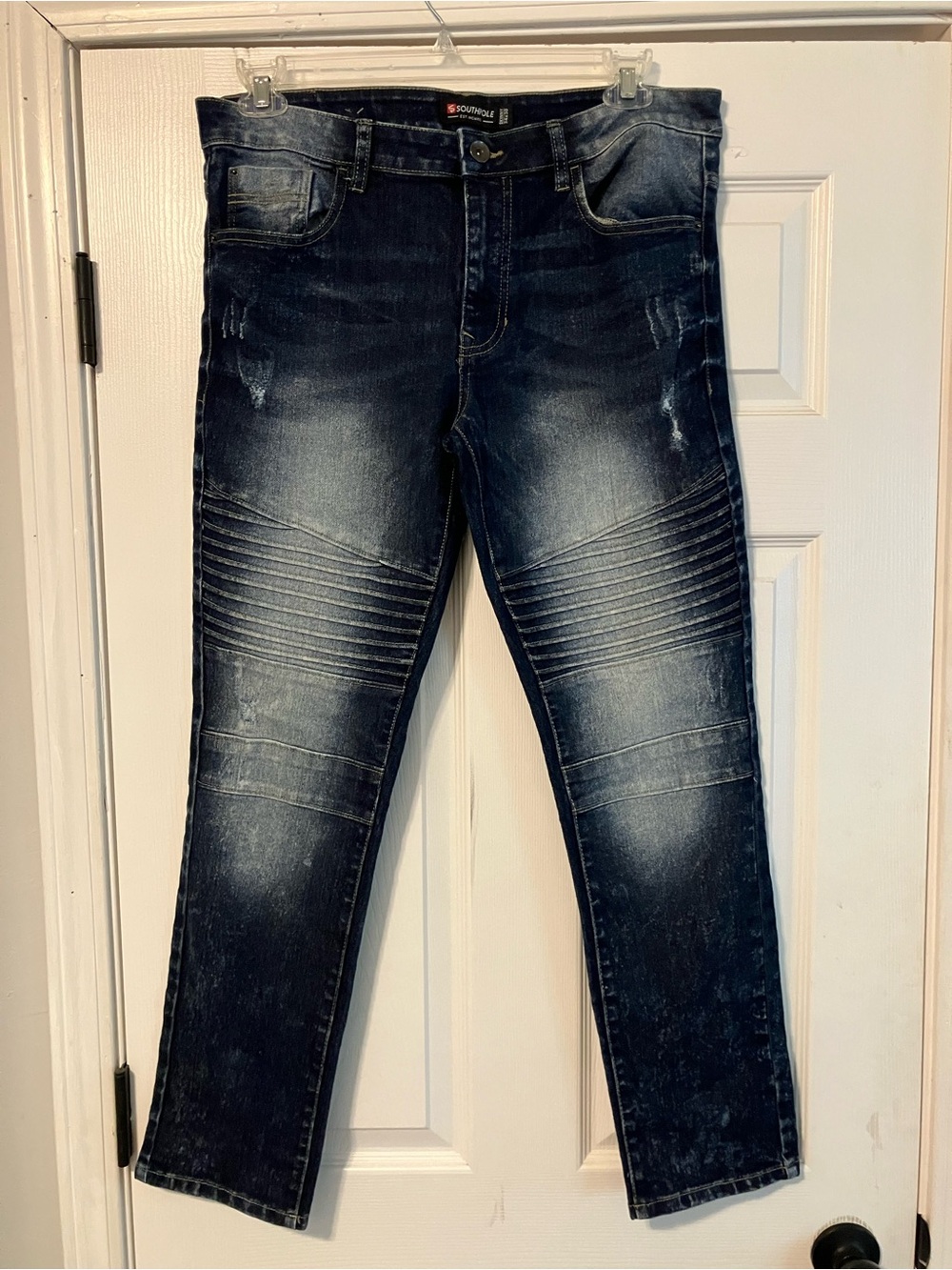 Southpole Biker Jeans Mens Size 34x30 Blue Denim Dark Wash Distressed Skinny Leg